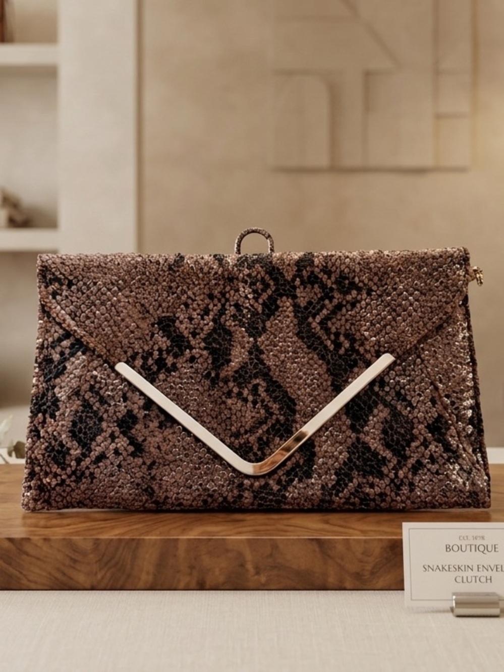 Mob Wife Faux Snakeskin‎ Envelope Clutch Crossbody Bag Gold details Like New